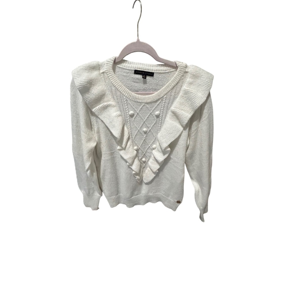 Adrienne Vittadini White Ruffle Pom Pom Cable Knit Sweater Womens Medium VS62018